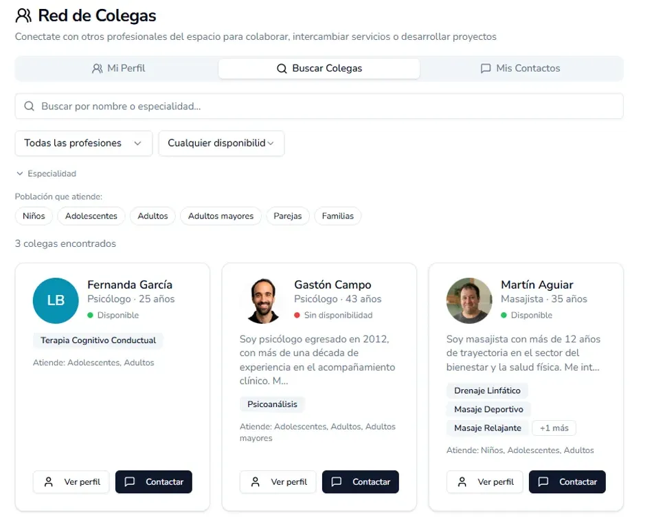 Pantalla de búsqueda de colegas en la plataforma Pisama