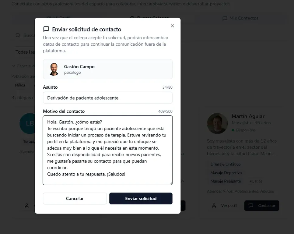 Formulario de solicitud de contacto en la Red de Colegas