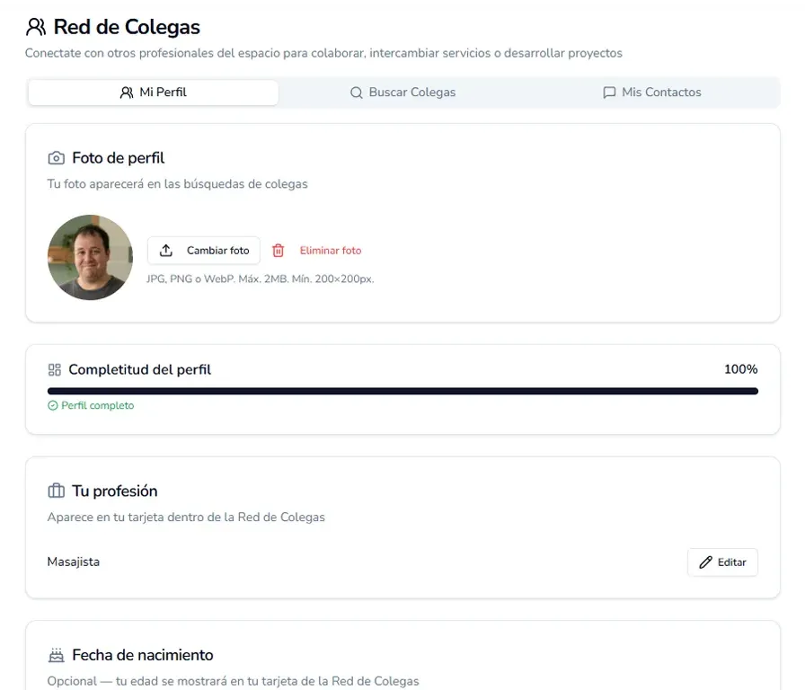 Sección Mi Perfil en la Red de Colegas de Pisama