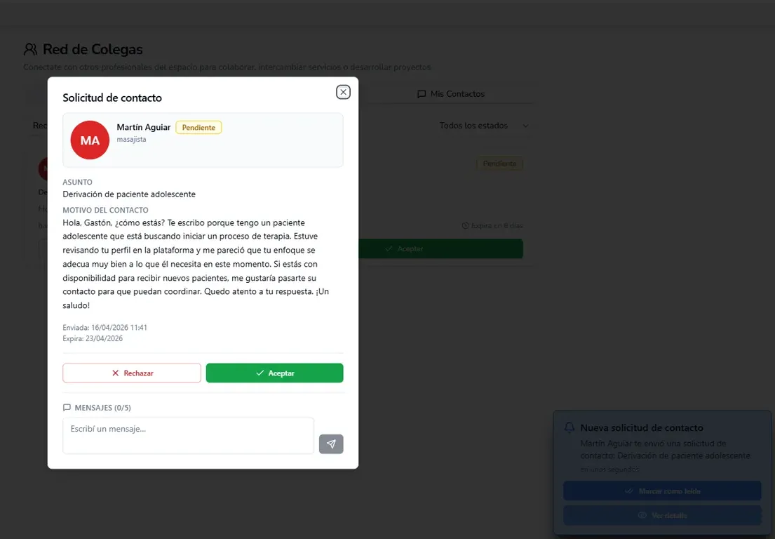 Notificación de solicitud de contacto recibida en Pisama