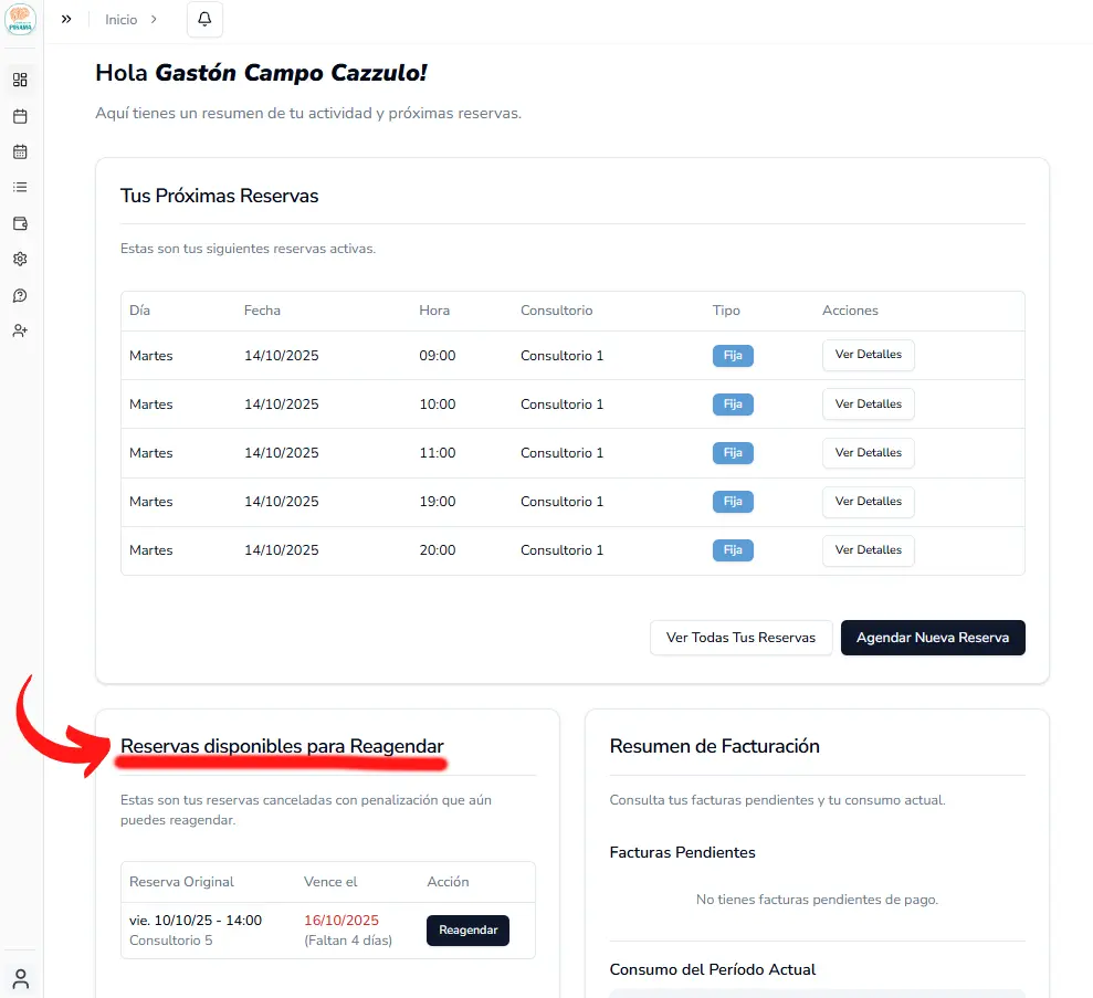Vista del dashboard con la opción para reagendar